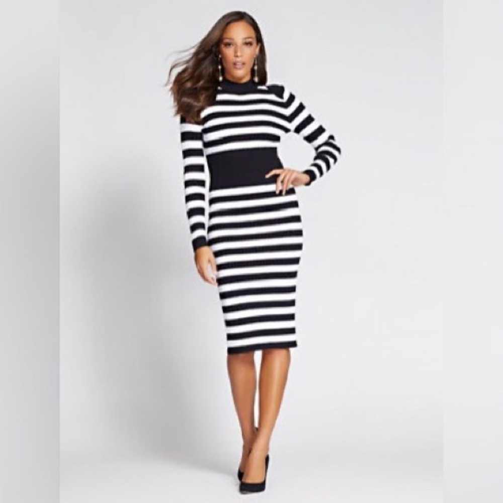 Black and White Striped Long Sleeve Knit Midi Dress